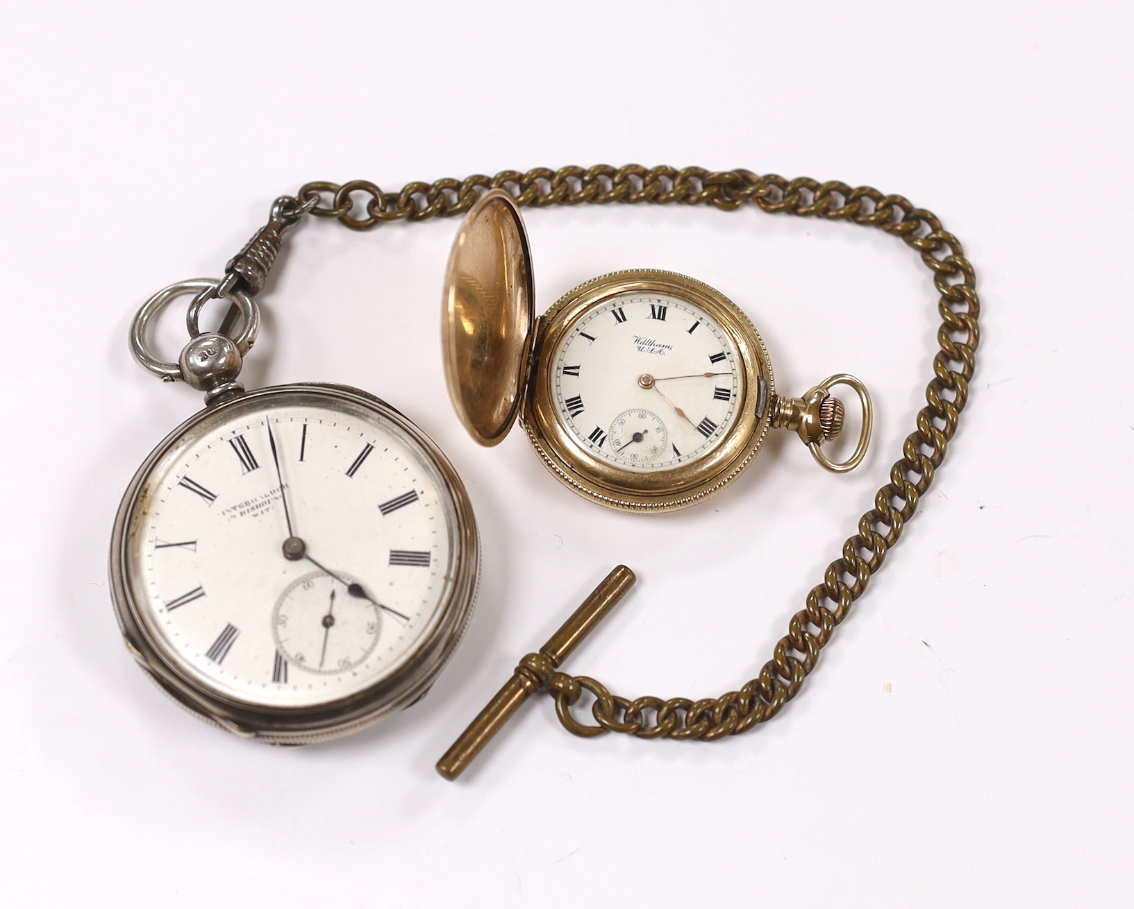 A Victorian silver open face pocket watch, with a gilt metal albert, together with a smaller gold plated Waltham hunter pocket watch.